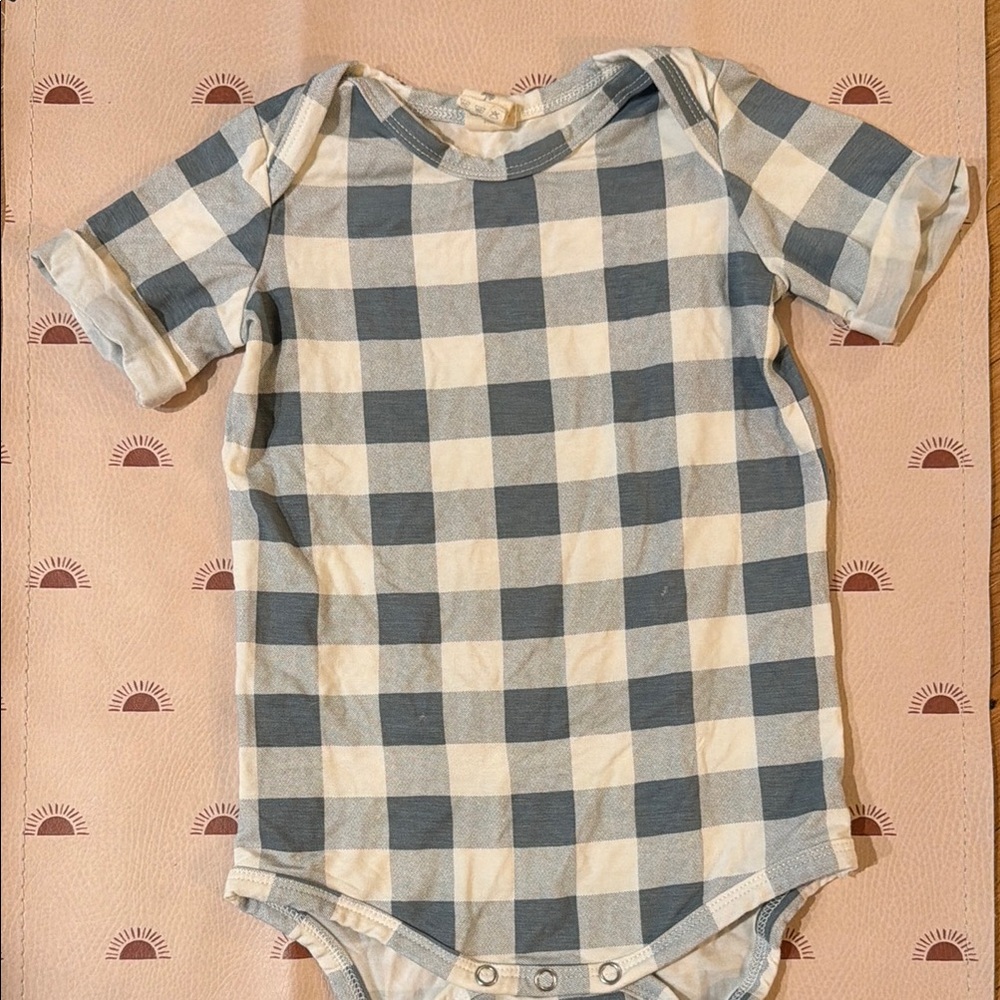 Kate Quinn bamboo lap neck bodysuit blue gingham 6-12